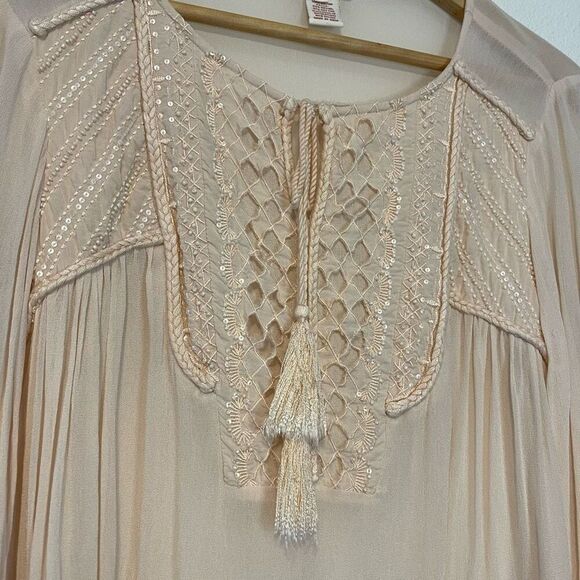 Sundance Sheer Beaded Embroidered Tie-Front Pink Blouse Size Small - Picture 2 of 7